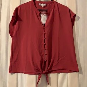 Pink Rose Button Up Blouse Tie Front L NWT